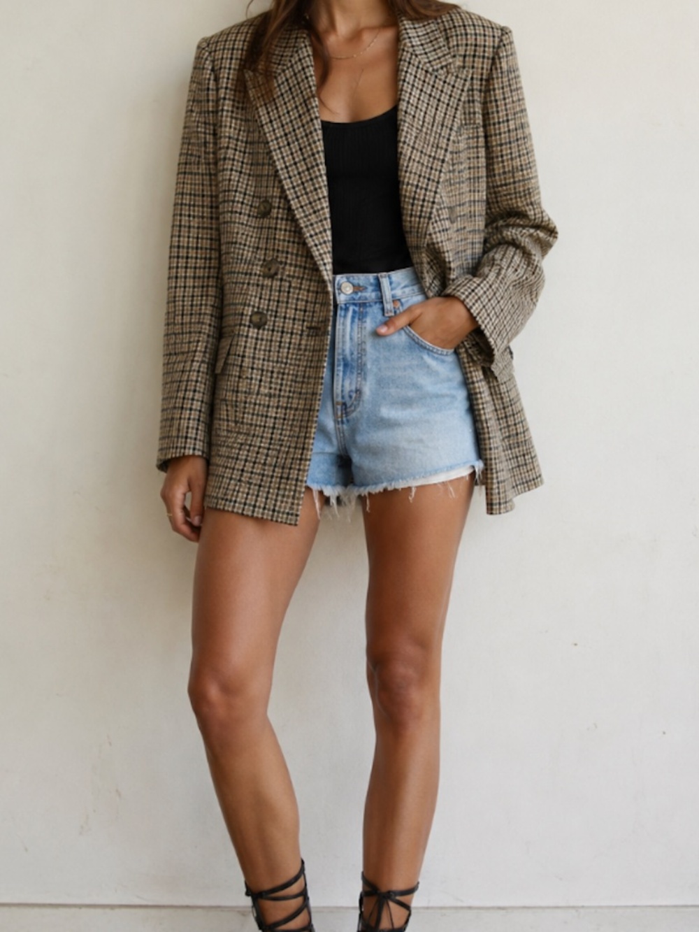 Forenza Womens Size 8 Vintage Blazer Jacket Beige Navy Olive Plaid Wool Blend